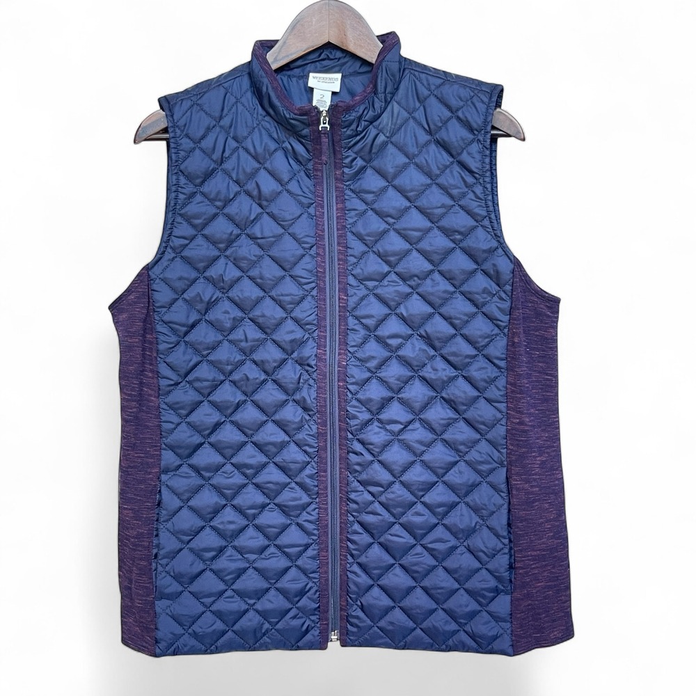 Weekends by Chicos Navy Blue Quilted Puffer Vest Knit Panels Size 2 Large